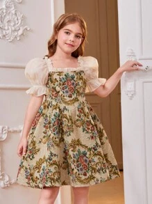 SHEIN Tween 女童透明欧根纱泡泡袖方领拼布锦缎复古宫廷风格图案修身喇叭裙 - 彩色 - 查看 3