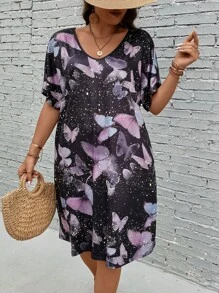 SHEIN LUNE Plus Butterfly Print Batwing Sleeve Dress - Multicolor - View 5