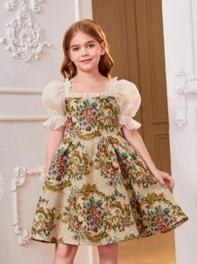 SHEIN Tween 女童透明欧根纱泡泡袖方领拼布锦缎复古宫廷风格图案修身喇叭裙 - 彩色 - 查看 4