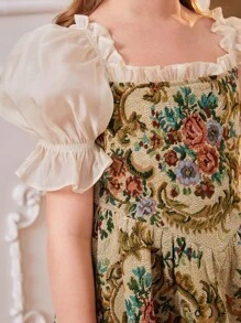 SHEIN Tween 女童透明欧根纱泡泡袖方领拼布锦缎复古宫廷风格图案修身喇叭裙 - 彩色 - 查看 7