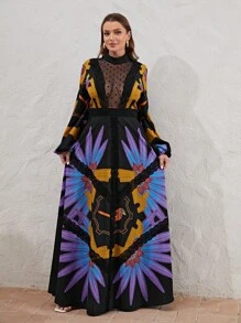 ISELACOS Designer Plus Size Floral Flower Print Contrast Mesh Insert Lantern Sleeve Dress, Elegant Dress, For Holiday, Party, Birthday Concert Outfits, Spring & Summer, Festival, Rave Outfits Festival Prom Dress Wedding Brunch Outfits Tea Party Dress - Multicolor - View 4