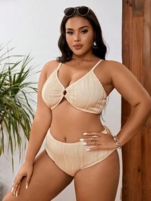 SHEIN Conjunto de bikini de talla grande con anillos entrelazados para verano en la playa - Beis - Ver 5