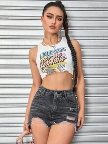 破洞毛邊牛仔短褲 - 灰色 - 查看 6