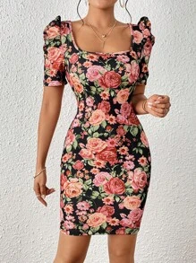 SHEIN Privé Vestido ajustado con estampado floral de cuello cuadrado de manga farol - Multicolor - Ver 5