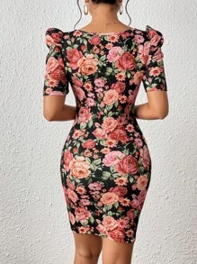 SHEIN Privé Vestido ajustado con estampado floral de cuello cuadrado de manga farol - Multicolor - Ver 2