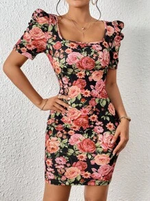 SHEIN Privé Vestido ajustado con estampado floral de cuello cuadrado de manga farol - Multicolor - Ver 6