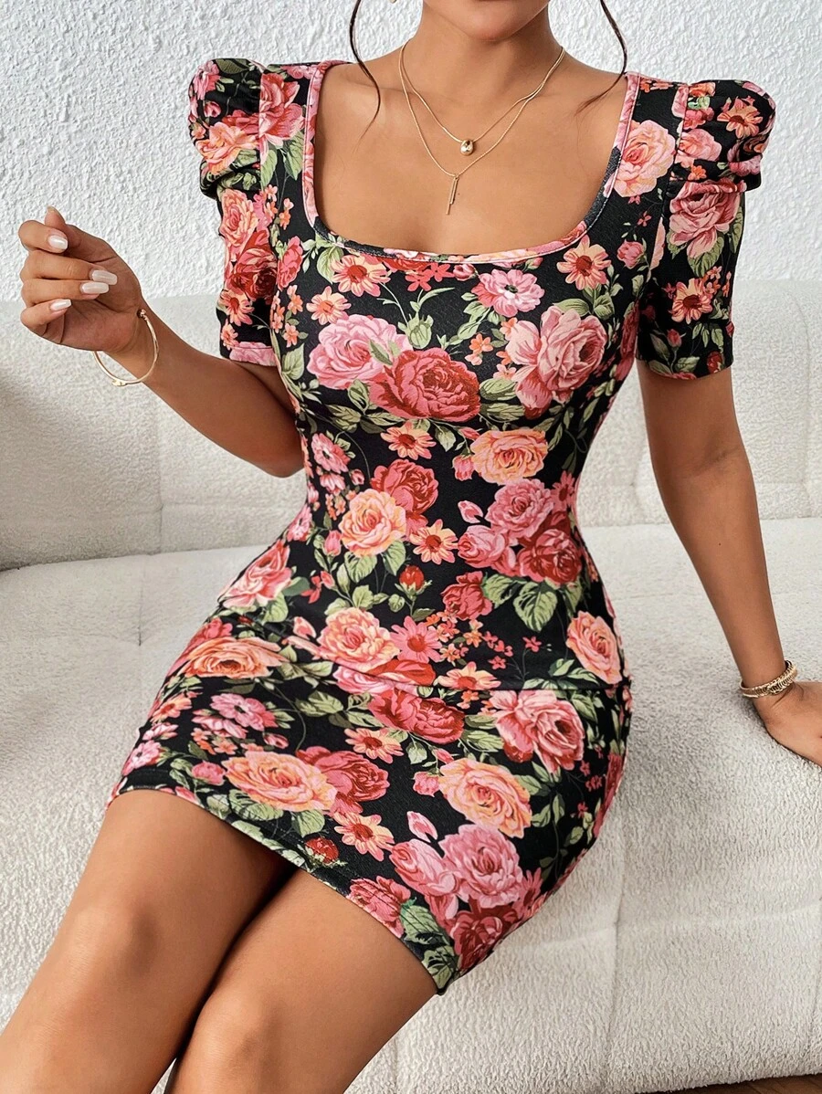 SHEIN Privé Vestido ajustado con estampado floral de cuello cuadrado de manga farol - Multicolor - Ver 1