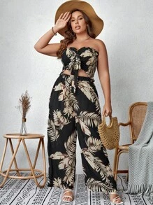 SHEIN VCAY Bộ thời trang Plus Size viền lá sen Dải chun Thắt nơ trước Nhiệt đới Tất cả trên in Boho - màu đen - Xem 4