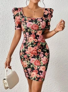SHEIN Privé Vestido ajustado con estampado floral de cuello cuadrado de manga farol - Multicolor - Ver 3