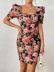 SHEIN Privé Vestido ajustado con estampado floral de cuello cuadrado de manga farol - Multicolor - Ver 4