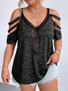 SHEIN Essnce Plus All Over Print Cold Shoulder Tee - màu đen - Xem 4