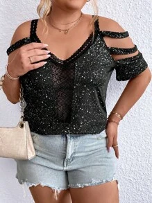 SHEIN Essnce Plus All Over Print Cold Shoulder Tee - màu đen - Xem 1