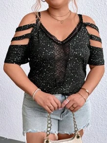 SHEIN Essnce Plus All Over Print Cold Shoulder Tee - màu đen - Xem 6