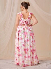SHEIN Belle Trang phục phù dâu cho phụ nữ Plus Lộ Lưng Xù Buộc lại Hoa Tất cả trên in - Nhiều màu - Xem 2