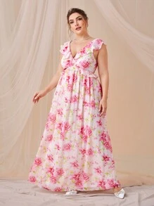 SHEIN Belle Trang phục phù dâu cho phụ nữ Plus Lộ Lưng Xù Buộc lại Hoa Tất cả trên in - Nhiều màu - Xem 4