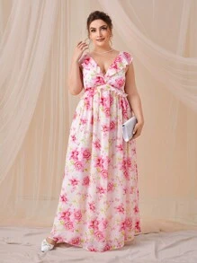 SHEIN Belle Trang phục phù dâu cho phụ nữ Plus Lộ Lưng Xù Buộc lại Hoa Tất cả trên in - Nhiều màu - Xem 3