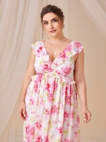SHEIN Belle Trang phục phù dâu cho phụ nữ Plus Lộ Lưng Xù Buộc lại Hoa Tất cả trên in - Nhiều màu - Xem 5
