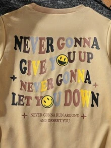 SHEIN 男大童標語和卡通臉圖案運動衫 - 卡其色 - 查看 6