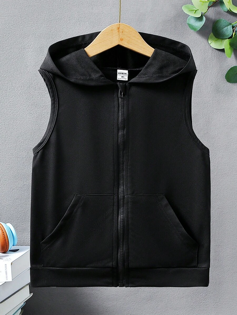SHEIN 男孩拉鏈開襟連帽無袖運動衫 - 黑色 - 查看 1
