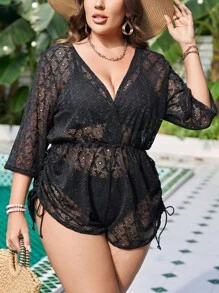 SHEIN Swim Curve Talla grande Mono cover up con cordón lateral sin set bikini - Negro - Ver 1