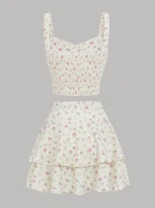 SHEIN Girlism 青少年女孩小碎花吊帶上衣&二層下擺半身裙 - 米色 - 查看 2