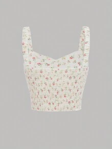 SHEIN Girlism 青少年女孩小碎花吊帶上衣&二層下擺半身裙 - 米色 - 查看 4