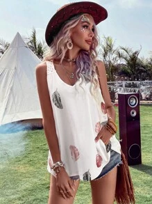 Breezaya Feather Print Contrast Crochet Panel Sleeveless Blouse - White - View 2