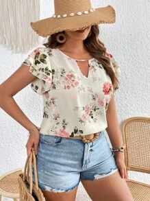 SHEIN VCAY 加大花卉印花锁眼领蝴蝶袖夏季波西米亚风衬衫 - 米色 - 查看 3