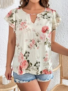 SHEIN VCAY 加大花卉印花锁眼领蝴蝶袖夏季波西米亚风衬衫 - 米色 - 查看 5