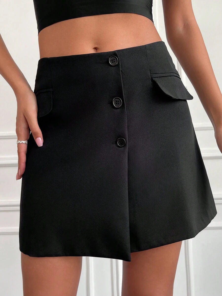 Cottnline Nút phía trước Chi tiết về Flap Váy - màu đen - Xem 1