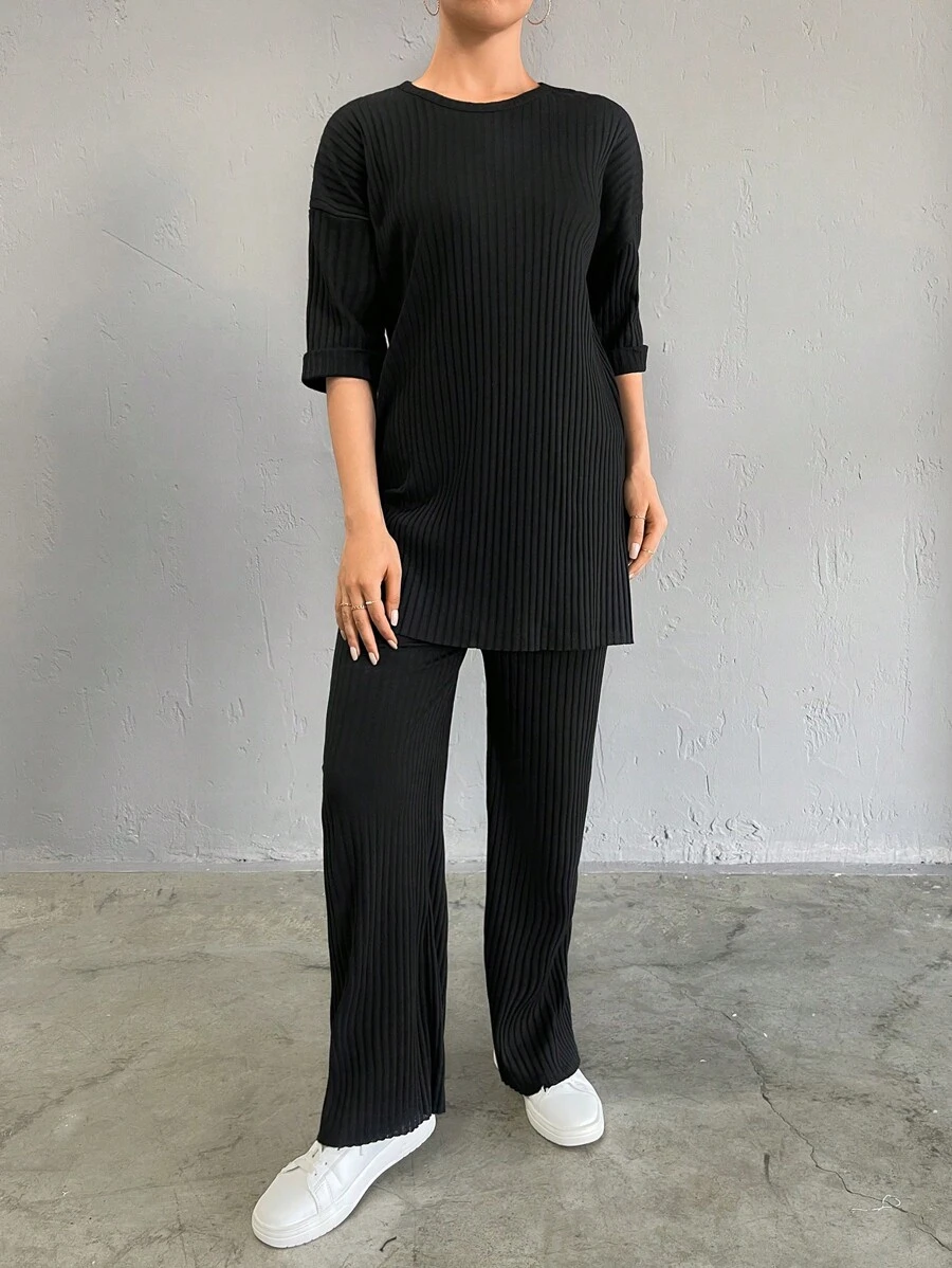 RueChic Solid Drop Shoulder Tee & Pants - Black - View 1