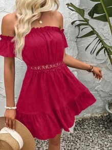 SHEIN VCAY Off Shoulder Guipure Lace Insert Ruffle Hem Dress - Hot Pink - View 1