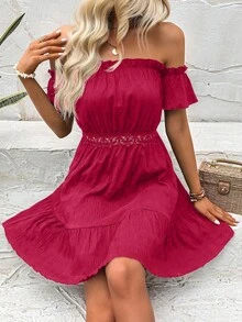 SHEIN VCAY Off Shoulder Guipure Lace Insert Ruffle Hem Dress - Hot Pink - View 6