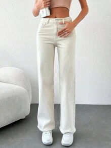 Cottnline Solid Straight Leg Jeans - Beige - View 1