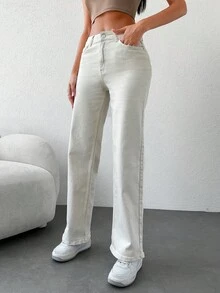 Cottnline Solid Straight Leg Jeans - Beige - View 5