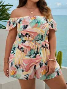 SHEIN VCAY Plus Brush Print Off Shoulder Knot Waist Romper - Multicolor - View 1