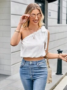 SHEIN Privé One Shoulder Knot Detail Crop Top - White - View 1