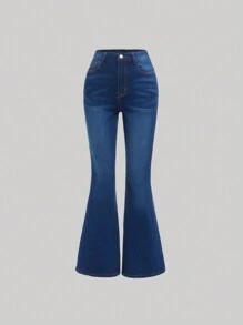 SHEIN Bé Gái Quần Jeans Nút Túi Dây kéo màu trơn - Rửa tối - Xem 1