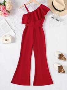 SHEIN Jumpsuit für Tween Mädchen mit asymmetrischem Ausschnitt, Rüschenbesatz, Gürtel und ausgestelltem Bein