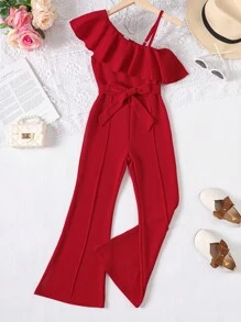 SHEIN Jumpsuit für Tween Mädchen mit asymmetrischem Ausschnitt, Rüschenbesatz, Gürtel und ausgestelltem Bein