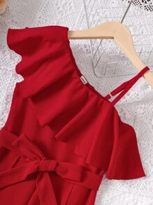 SHEIN Jumpsuit für Tween Mädchen mit asymmetrischem Ausschnitt, Rüschenbesatz, Gürtel und ausgestelltem Bein