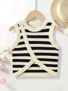 SHEIN 年輕女孩條紋圖案不對稱下擺針織背心 - 彩色 - 查看 1