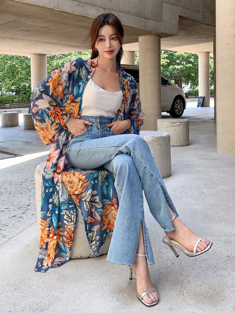 DAZY Kimono in hoa, cho kỳ nghỉ hè ở bãi biển - Màu xanh lam - Xem 1
