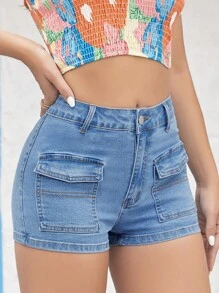 Quần short denim nữ Nút Túi Dây kéo màu trơn - Rửa trung bình - Xem 1