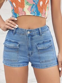 Quần short denim nữ Nút Túi Dây kéo màu trơn - Rửa trung bình - Xem 6