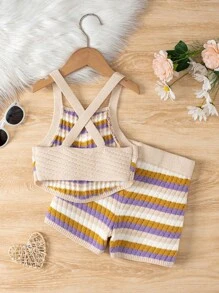 SHEIN cô gái mười hai Hình khối sọc Áo thun dệt kim Cami & Quần đùi dệt kim - Nhiều màu - Xem 2