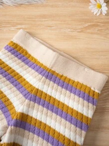 SHEIN cô gái mười hai Hình khối sọc Áo thun dệt kim Cami & Quần đùi dệt kim - Nhiều màu - Xem 3