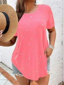 SHEIN LUNE Áo thun Plus size Ngọc trai màu trơn Giải trí - Hồng - Xem 3