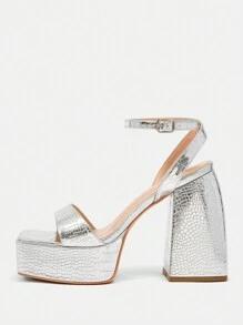 SheIn SXY Xăng đan quai ngang mắt cá chân màu bạc quyến rũ cho nữ, Xăng đan cao gót đế xuồng dập nổi cá sấu - Bạc - Xem 1