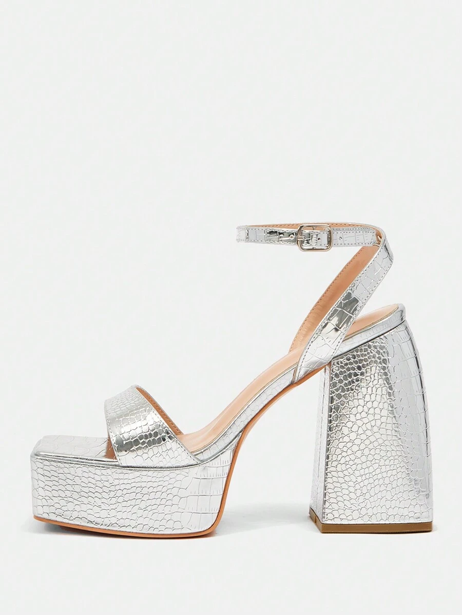 SheIn SXY Xăng đan quai ngang mắt cá chân màu bạc quyến rũ cho nữ, Xăng đan cao gót đế xuồng dập nổi cá sấu - Bạc - Xem 1